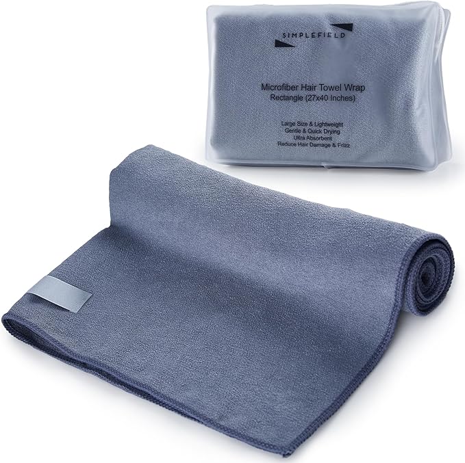 Large Microfiber Hair Towel Wrap for Women (27x40 Inches). Anti Frizz Rectangle Fast Drying Towel with Elastic Band for Long, Curly, and Thick Hair. Includes Reusable Carry Bag (Grey)