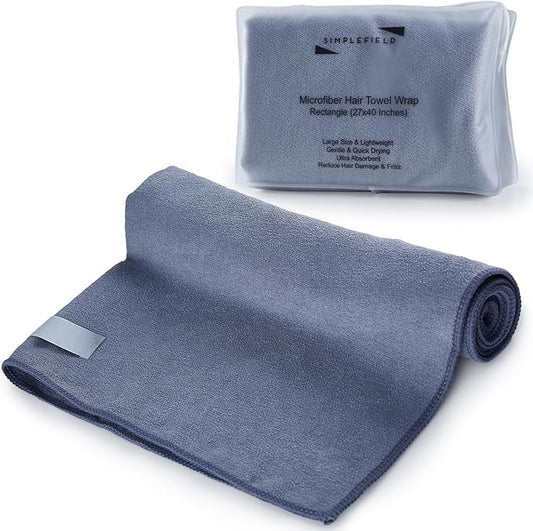 Large Microfiber Hair Towel Wrap for Women (27x40 Inches). Anti Frizz Rectangle Fast Drying Towel with Elastic Band for Long, Curly, and Thick Hair. Includes Reusable Carry Bag (Grey)
