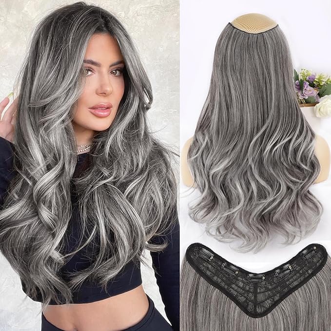 ALXNAN Long Wavy Hair Extensions for Women, Clip in Hair Extensions Clip Ins Soft Full Head Synthetic Hairpieces 20 Inch Grey/Sliver