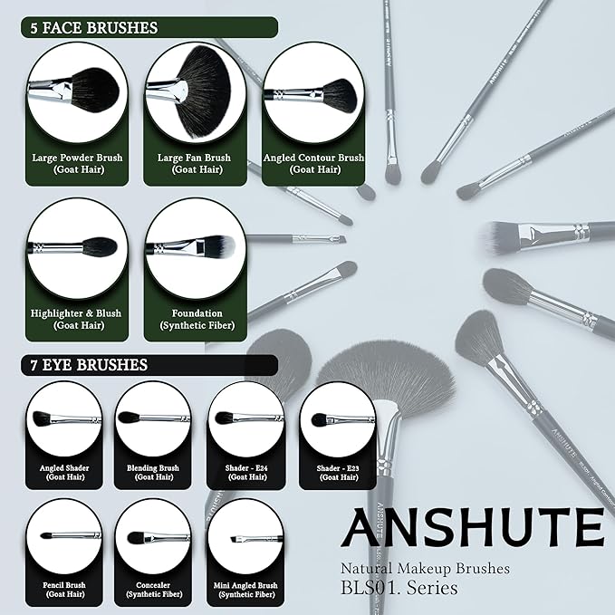 Anshute 12-Piece Professional Natural Goat Hair Makeup Brush Set with Travel-Ready Makeup Brush Organizer - 5 Face & 7 Eye Brushes. Super Soft Bristles, Variety of Brushes. Labled Brush Handle