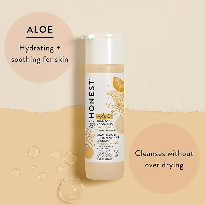 The Honest Company 2-in-1 Cleansing Shampoo Body Wash, Gentle for Baby, Naturally Derived, Tear-free, Hypoallergenic, Citrus Vanilla Refresh, 10 fl oz