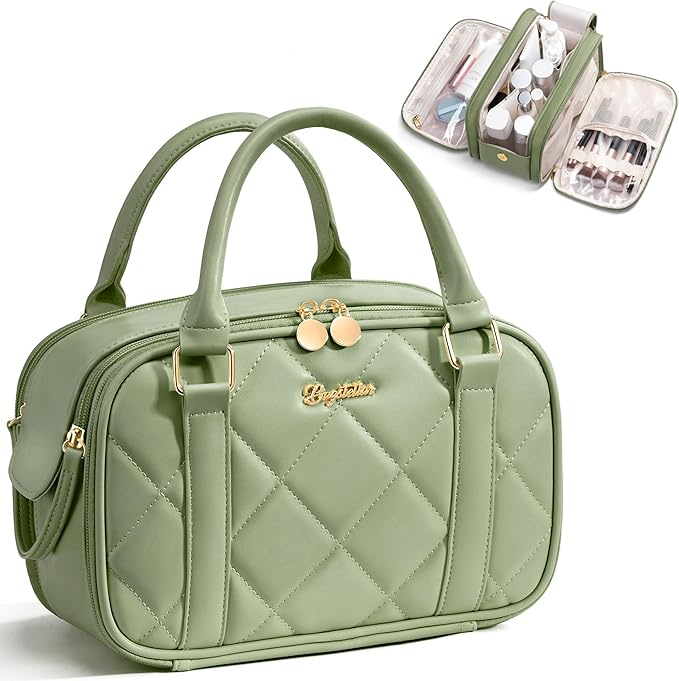 Bagstellar Travel Makeup Bag, Large Capacity Quilted Toiletry Bag for Women, Wide-open Cosmetic Bag Make Up Case Organizer Portable Pouch w/Handle & Brush Holder for Traveling Accessories, Sage Green