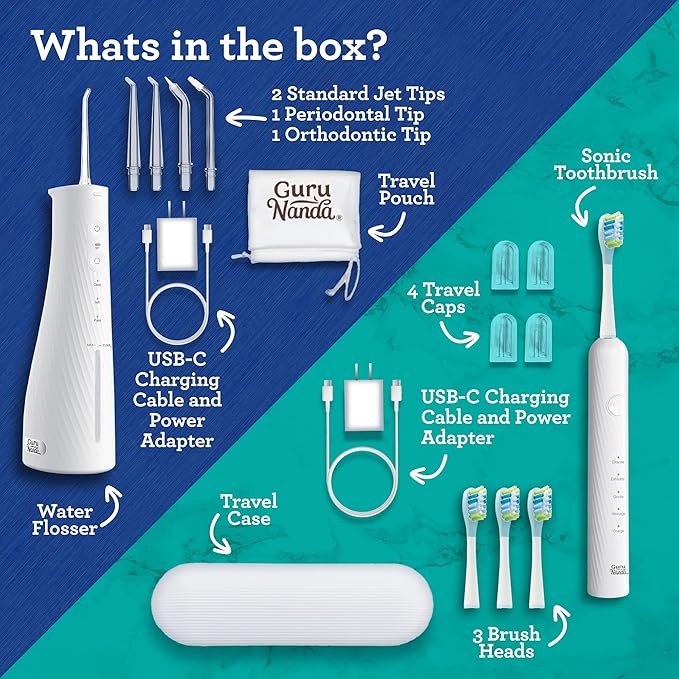GuruNanda Lion & Lamb Kit 2.0, Electric Toothbrush with Water Flosser Combo, 4 Jet Tips, 4 Brush Heads, & IPX7 Waterproof Design for Complete Oral Care, White