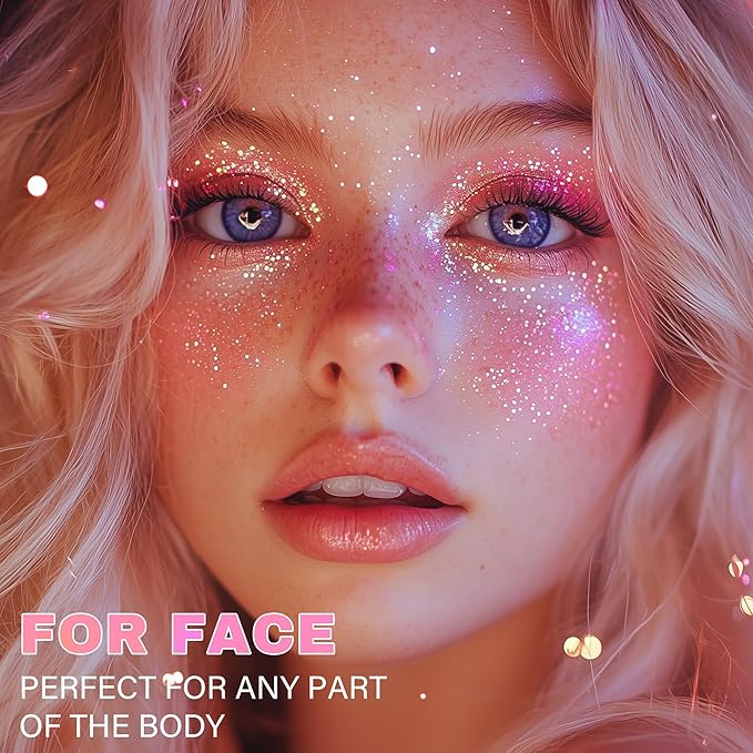 Roll-on Face Body Glitter Gel for Women, 1.69oz Large Capacity Holographic Color Changing Glitter Gel Shimmer Makeup for Singer Concert Festival Rave Accessories, #4 Holographic Pink