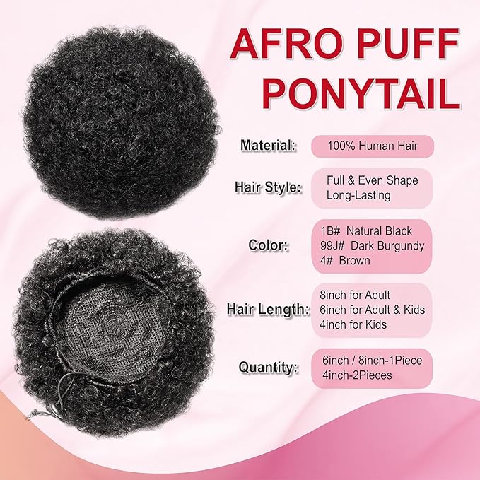 Afro Puff Ponytail Drawstring Wigs for Black Woman 6 Inch Natural Black 100% Human Hair Puff Ponytail Extension Clip On Kinky Drawstring Curly Ponytail Bun Durable Natural Soft and Smooth Hairpiece