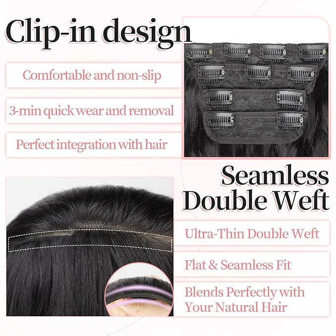 KooKaStyle Clip in Synthetic Hair Extensions Long Wavy 4PCS Thick Hairpieces Black Fiber Double Weft Natural Hair Extensions 24 Inch for Women
