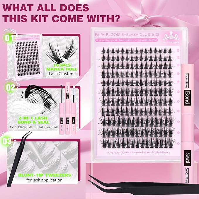 Spiky Lash Clusters Kit Manga Eyelash Extensions Kit with Lash Bond and Seal Doll Anime Lash Extensions with Invisible Band Natural Volume Individual Lashes Kit 165Pcs 8MM-16MM