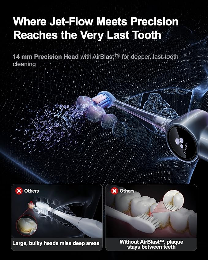 RANVOO AirBlast [Next-Gen Jet-Flow | Maximum Clean Power] AI Sonic Electric Toothbrush, 100% Plaque Removal, Whitening & Gum Care, 60-Day Battery Life, Rechargeable with 3 Pro Brush Heads, Space Gray