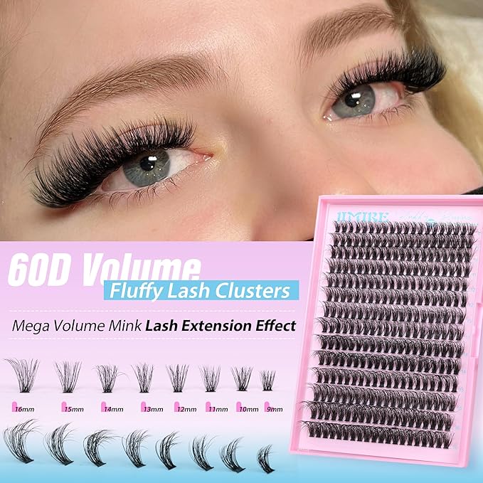 JIMIRE Fluffy Lash Clusters Volume Wispy 50D Thick Mink Eyelash Extensions 9-16mm 280Pcs Individual Lashes Beginners Friendly