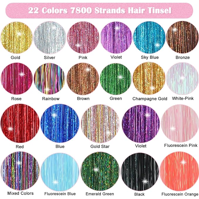22 Colors Hair Tinsel Kit, 7800 Strands 48 Inch Glitter Tinsel Hair Extensions with Tools, Heat Resistant Sparkling Fairy Hair Accessories for July Fourth Cosplay Party Festival (22 Colors)