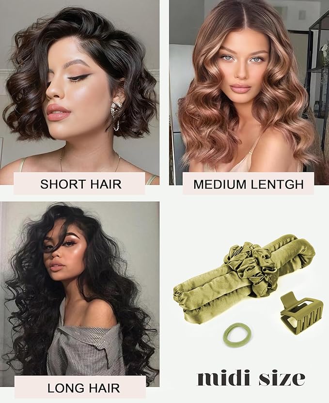 Midi Heatless Curls Overnight Hair Curlers to Sleep In Small Hair Rollers for Short Medium Hair No Heat Overnight Curls, Soft Satin Flexi Rods Heatless Curling Rod Set Styling Tools for Women