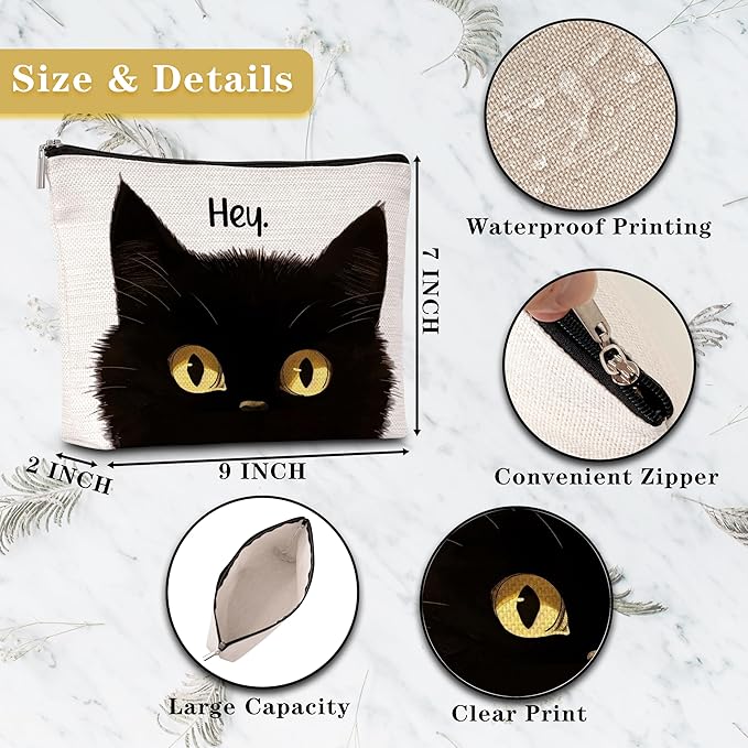 GREOXG Hey Black Cat Makeup Bag, Small Travel Cosmetic Bag with Zipper, Cute Makeup Pouch Gift Ideas for Women Teen Girls Friends Mom Sisters Teacher Birthday Christmas Wedding Graduation-E07