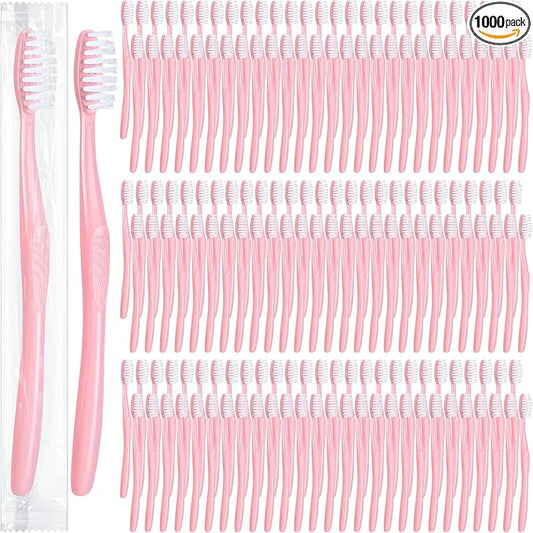 Tessco 1000 Pcs Disposable Toothbrushes Bulk Individually Wrapped Manual Soft Bristle Travel Toothbrushes Single Use Toothbrush for Homeless Hotel Toiletries Camping Office(Pink)