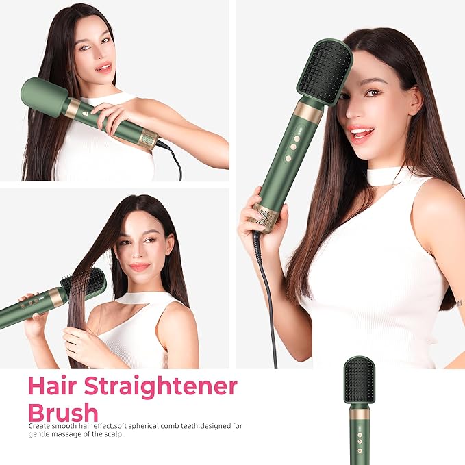 7 in 1 Blow Dryer Brush, Air Wrap Brush Set Hair Dryer Brush 110,000 RPM with Negative Ion Hair Styler Dry, Curling, Volumizing, Straightening and Styling (Green)