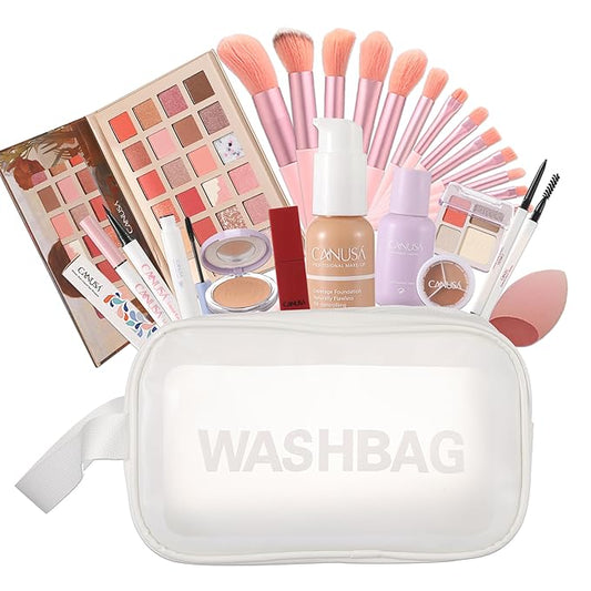26Pc Full Face Makeup Set Gift Surprise for Women Cosmetic Essential Starter Bundle Include 24 Colors Eyeshadow Palette, Lipstick,13-NI-1 glamour-brush set. Pack Flawless (Khaki C1, ONE SIZE)