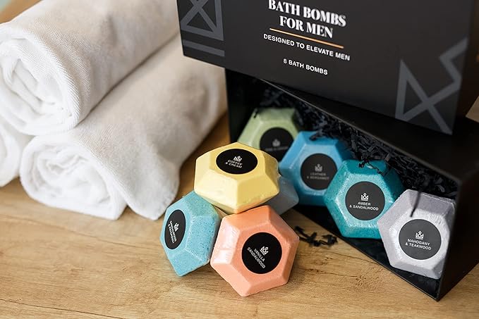 Bath Bombs for Men – 8 Large Diamond Shape Natural Mens Bath Bombs | Relaxing Bubble Bath Set & Bubble Bath Balls for Men | Masculine Scents & Skin Soothing Gift Set
