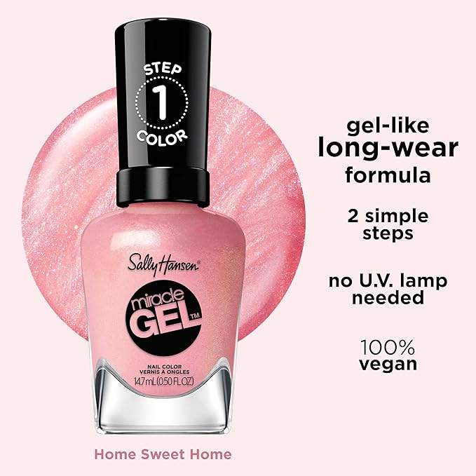 Sally Hansen Miracle Gel Salon Quality Nail Polish | Gel-Like Formula, Two-Step System, No UV Light Needed, Long Lasting | Sheer, Shimmery | 241 Home Sweet Home | Pink Nail Color