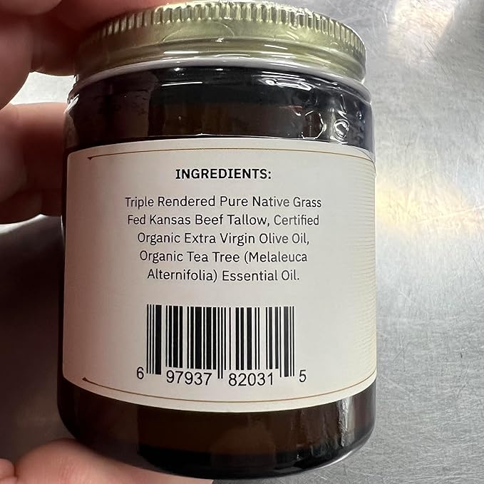 Prairie Fire Candles Grass Fed Beef Tallow Balm - 4 oz - Made in USA - Organic Grass Fed and Finished Tallow - Moisturizing Skin Care Tea Tree