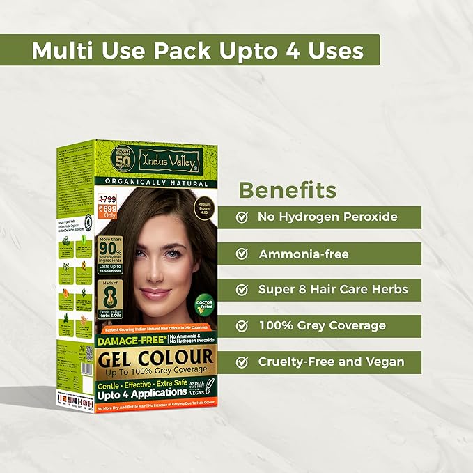 Indus Valley Natural Organic Damage Free Gel Hair Color | Ammonia Free, Vegan & Cruelty Free | Up to 100% Gray Coverage, Long Lasting Results |Medium Brown 4.0 (20gram+200ml)