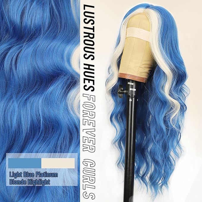 AISI HAIR Light Blue Platinum Blonde Highlight Wig for Women, Long Wavy Lace Hairline Middle Part Synthetic Heat Resistant Wig for Daily Party-26 Inch