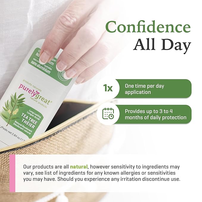 Purelygreat - Tea Tree Scented Natural Deodorant Stick, Travel-Friendly Hygiene Essentials for Women, Natural Deodorant for Men Without Aluminum & Parabens, 2.64 oz / 75 g