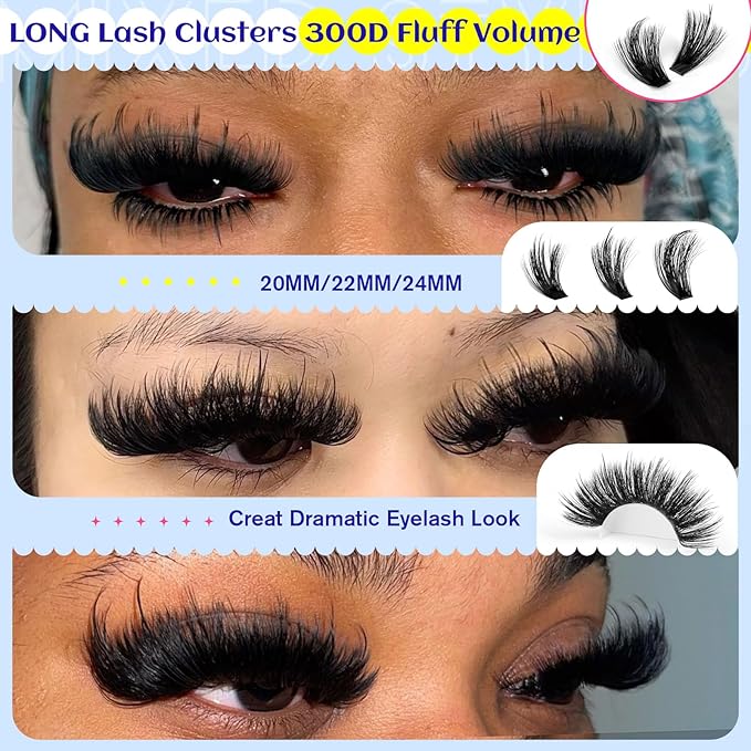 Lash Clusters Long Eyelash Clusters 20+22+24mm Lash Extension 300D Thick Individual Lashes Clusters Mega Volume Cluster Eyelash Extensions Soft Mink False Eyelashes Clusters Dramatic by calphdiar