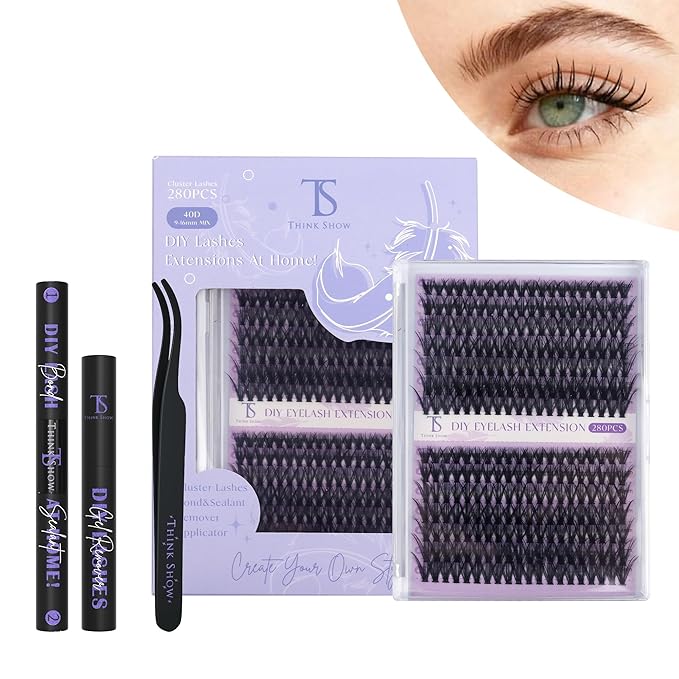 THINK SHOW Lash Clusters Kit 40D 9-16mm 280pcs Natural Eyelash Extension Kit with Bond and Seal,Tweezers,Remover Individual Lashes Clusters for Beginners and Self Use (40D)