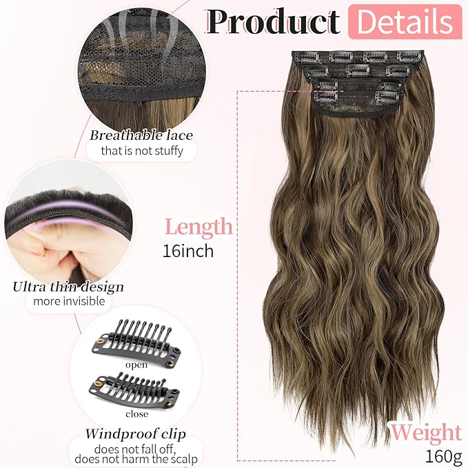 KooKaStyle Clip in Synthetic Hair Extensions Long Wavy 4PCS Thick Hairpieces Balayage Chocolate Brown to Caramel Blonde 10H26 Fiber Double Weft Natural Hair Extensions 16 Inch for Women