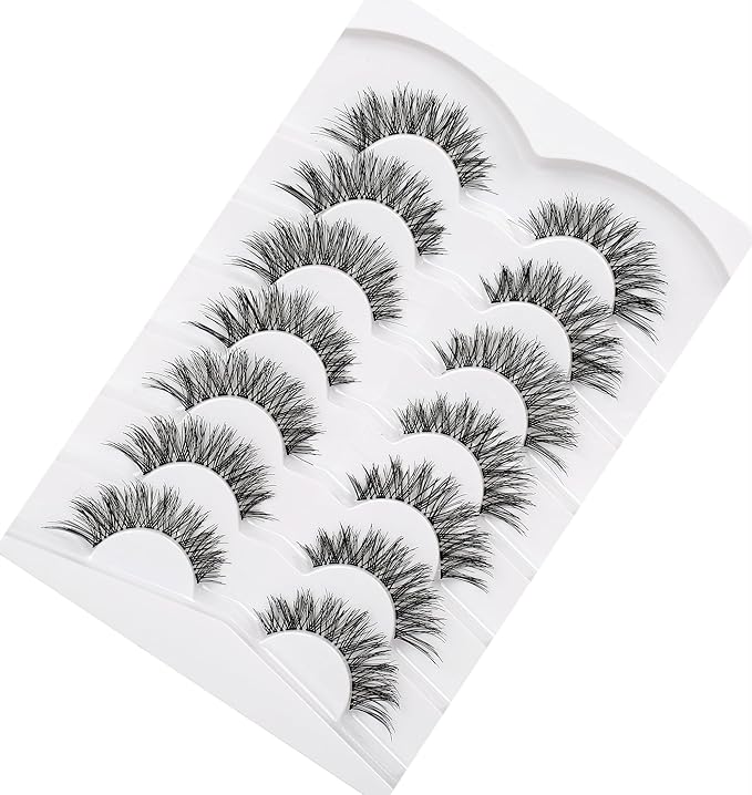 Pooplunch False Eyelashes Hand-Knotted Natural Cat Eye Look Wispy Extensions Fake Eyelash Faux Mink Lashes Strips 7 Pairs Pack