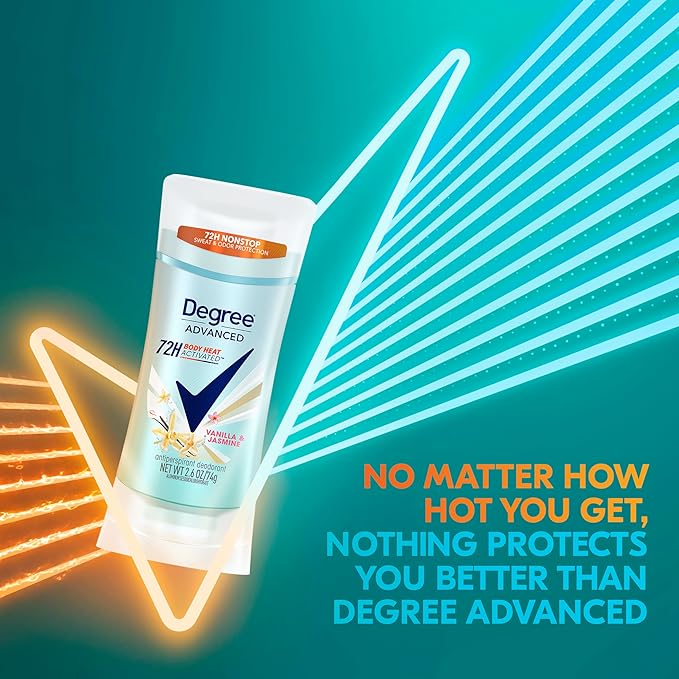 Degree Advanced Protection Antiperspirant Deodorant Vanilla & Jasmine for 72-Hour Sweat & Odor Control for Women, with Body Heat Activated Technology, 2.6 oz (Pack of 2)