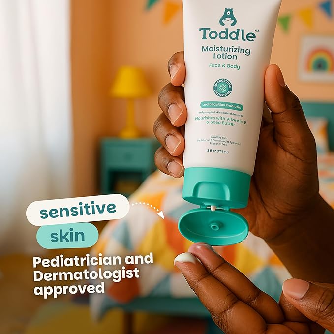 Toddle Probiotic Moisturizing Lotion for Face & Body, Eczema & Dry Skin Relief, Fragrance-Free with Vitamin E, Shea Butter for Sensitive Baby & Kids Skin, Pediatrician-Approved, 8oz