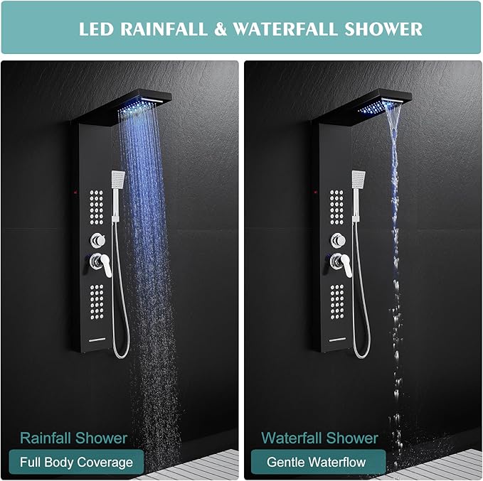 KINKIB LED Shower Panel Tower System Black with Rainfall Waterfall Shower Head, 5-in-1 Shower Tower with Powerful Body Jets, Handheld Shower and Tub Spout, High Pressure Shower Column Stainless Steel