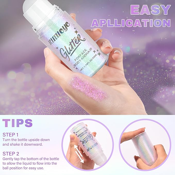 Roll-on Face Body Glitter Gel for Women, 1.69oz Large Capacity Holographic Color Changing Glitter Gel Shimmer Makeup for Singer Concert Festival Rave Accessories, #2 Sparkling Pink