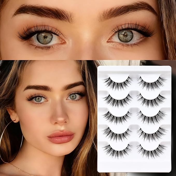 Veleasha Lashes Wispy False Eyelashes 100% Handmade Eyelashes Natural Look Fake Lashes Lightweight Lashes with Soft Clear Band 5 Pairs Pack (G2)