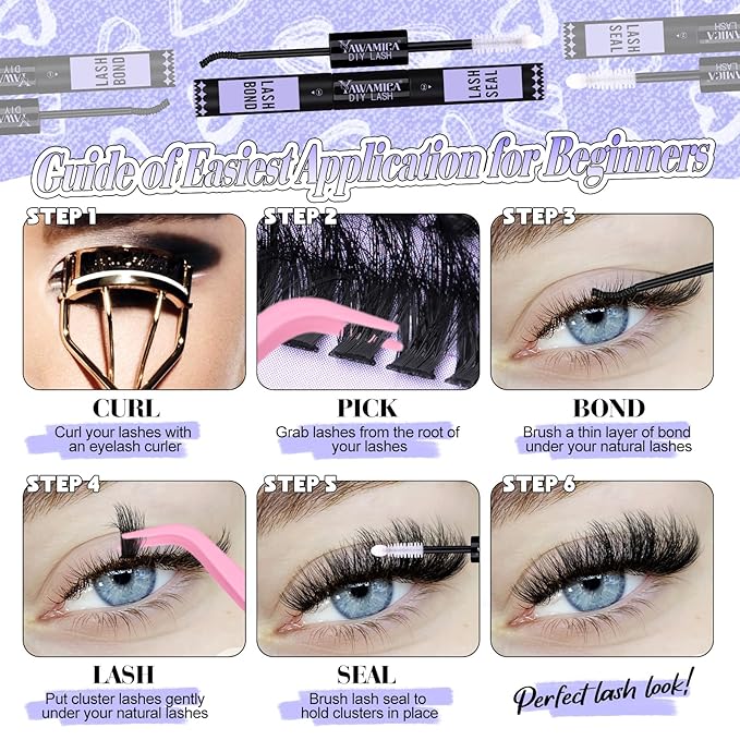 Yawamica Lash Clusters Kit DIY Lash Extension Kit with Bottom Lashes Fluffier Wispy Cluster Eyelash Extension 10-18MM 60D+80D Individual Lashes Kit with Lash Bond and Seal and Applicator for Beginners