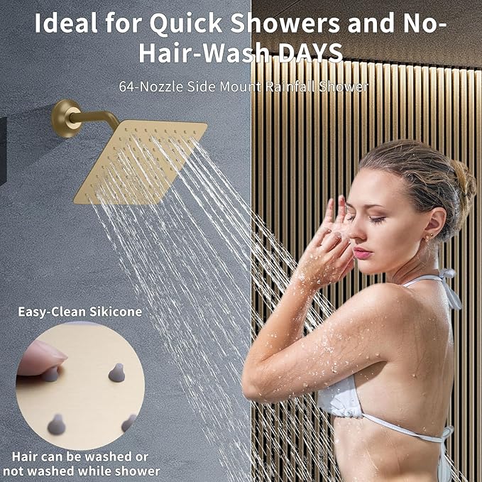 HONGTONGSOWER Bathroom Rainfall Shower System Wall Mount 8 Inch Shower Head With Handled Spray 6 Pcs jets Temperature Display Shower Faucet Set (Brushed Gold)