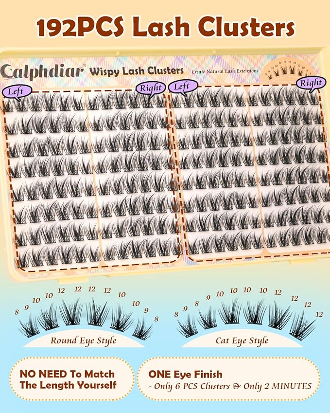 Wispy Lash Clusters 8-12mm Natural Eyelash Clusters 192PCS Individual Lashes Clusters Soft Cluster Eyelash Extensions C-Curly Cluster Lashes for Doll Eye Lash Extension for Beginners