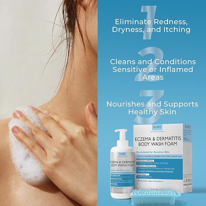 Eczema Body Wash Sensitive Skin | Eczema Treatment | Foaming Cleanser For Eczema Prone Skin | Soothes Dryness & Itching, Gentle On Dermatitis, Sulfate-Free With Free Scrubber Brush