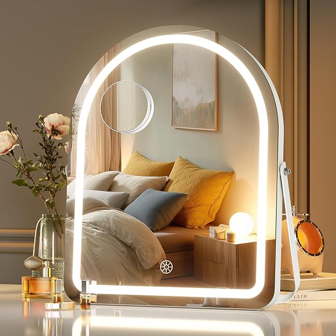 MINISO Vanity Mirror with Lights-12" x 14" Arched Makeup Mirror with 3 Color Lights, Adjustable Brightness,10X Magnification