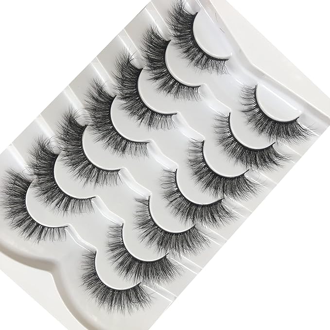 Pooplunch False Eyelashes Natural Cat Eye Look Wispy Volume Faux Mink Lashes 7 Pairs Pack 8D Soft Curly Fluttery Short Fake Eyelash Strips for Daily Use