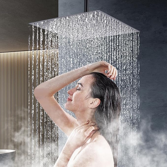 Shower Head,16 Inch Ultra Thin High Pressure Fixed Rain Showerhead Matte Black with Silicone Nozzle - Adjustable Metal Swivel Ball Joint - For the Best Relaxation and Spa