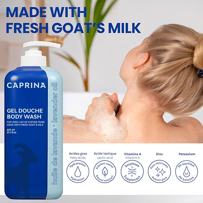 Caprina Fresh Goat’s Milk Body Wash, LAVENDER OIL, 625 ml, Moisturizing Cleanser for Normal Skin, Gentle Daily Hydration
