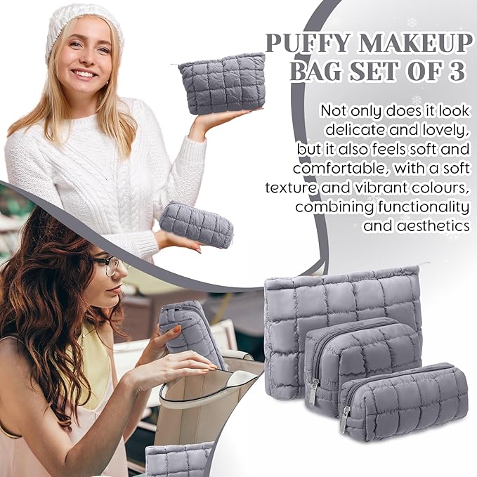 Huhumy 3 Pcs Puffy Makeup Bag Quilted Cosmetic Pouch for Women Cute Checkered Travel Toiletry Bag Puffer Makeup Organizer Purse Pouch Preppy Pencil Case with Zipper