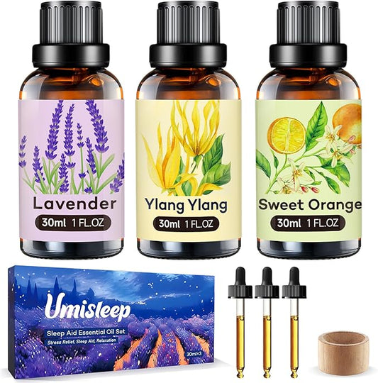 Umisleep High-Potency Essential Oils Set for Better Sleep & Relaxation - Long-Lasting Essential Oils for Diffusers, Aromatherapy, Humidifiers, Lavender, Sweet Orange, Ylang-Ylang, 3 x 30 ml, Gift Set