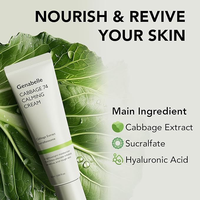 Cabbage 74 Calming Cream - Lightweight Watery-Type Moisturizer with CICA, Sucralfate, Hyaluronic Acid, Helps Instantly Calm, & Hydrate the Skin 1.69 fl. oz.