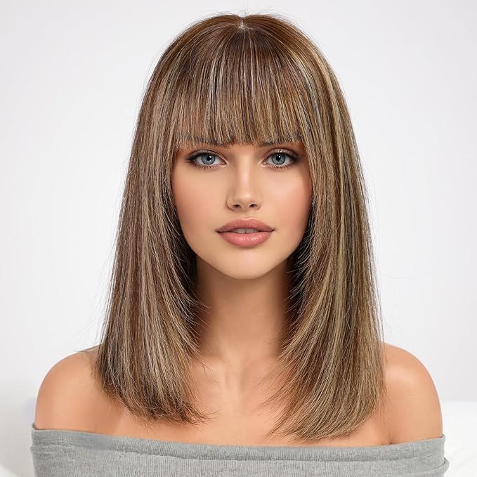 KKU 16 Inch Brown Mixed Blonde Human Hair Wigs for Women,Layered Straight Hair Wig with Bangs,Wear Natural Realism
