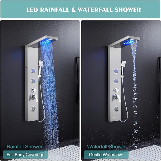 KINKIB LED Shower Panel Tower System, 6-in-1 Shower Tower with Rainfall Waterfall Shower Head, 2 Modes Powerful Body Jets, Handheld Shower and Tub Spout, Stainless Steel Shower Column, Brushed Finish