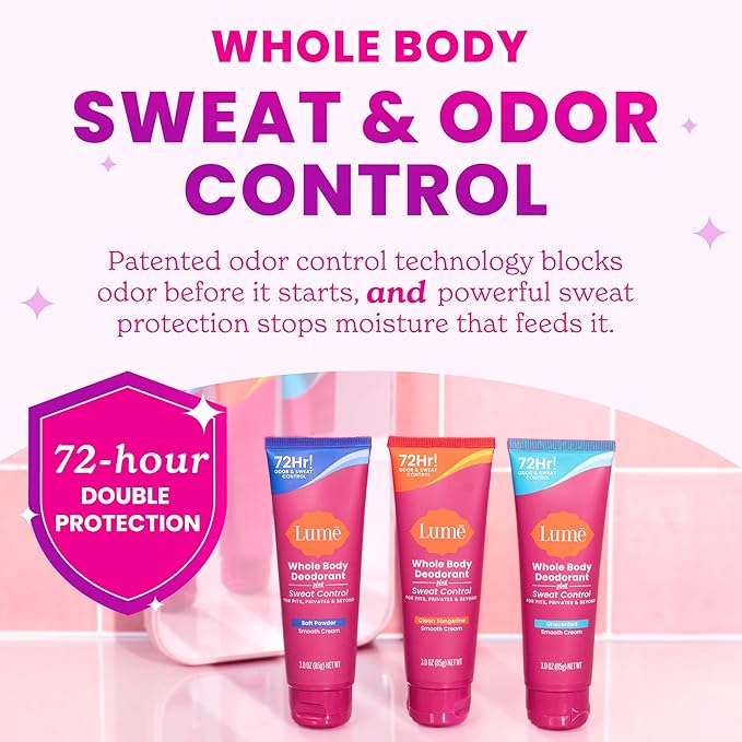 Lume Whole Body Deodorant Plus Sweat Control - Smooth Cream Tube - 72 Hour Odor And Sweat Control - Baking Soda Free, Skin Loving - 3.0 ounce (Pack of 2) (Unscented)