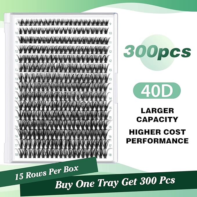 Lash Clusters 300pcs Individual Lashes 40D 0.07C Curl 9-18MIX DIY Eyelash Extension KEYYOU Large Tray Volume Soft&Natural Cluster Lashes(40D-0.07C,9-18MIX）