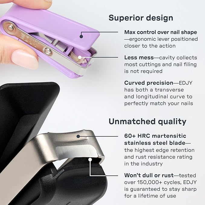 EDJY Fingernail Cutter - Precision Stainless Steel Nail Cutter for Fingernails | Sharp Blade, Ergonomic Design, Durable & Rust-Resistant | Ideal for Men and Women | Lilac | 2-Pack